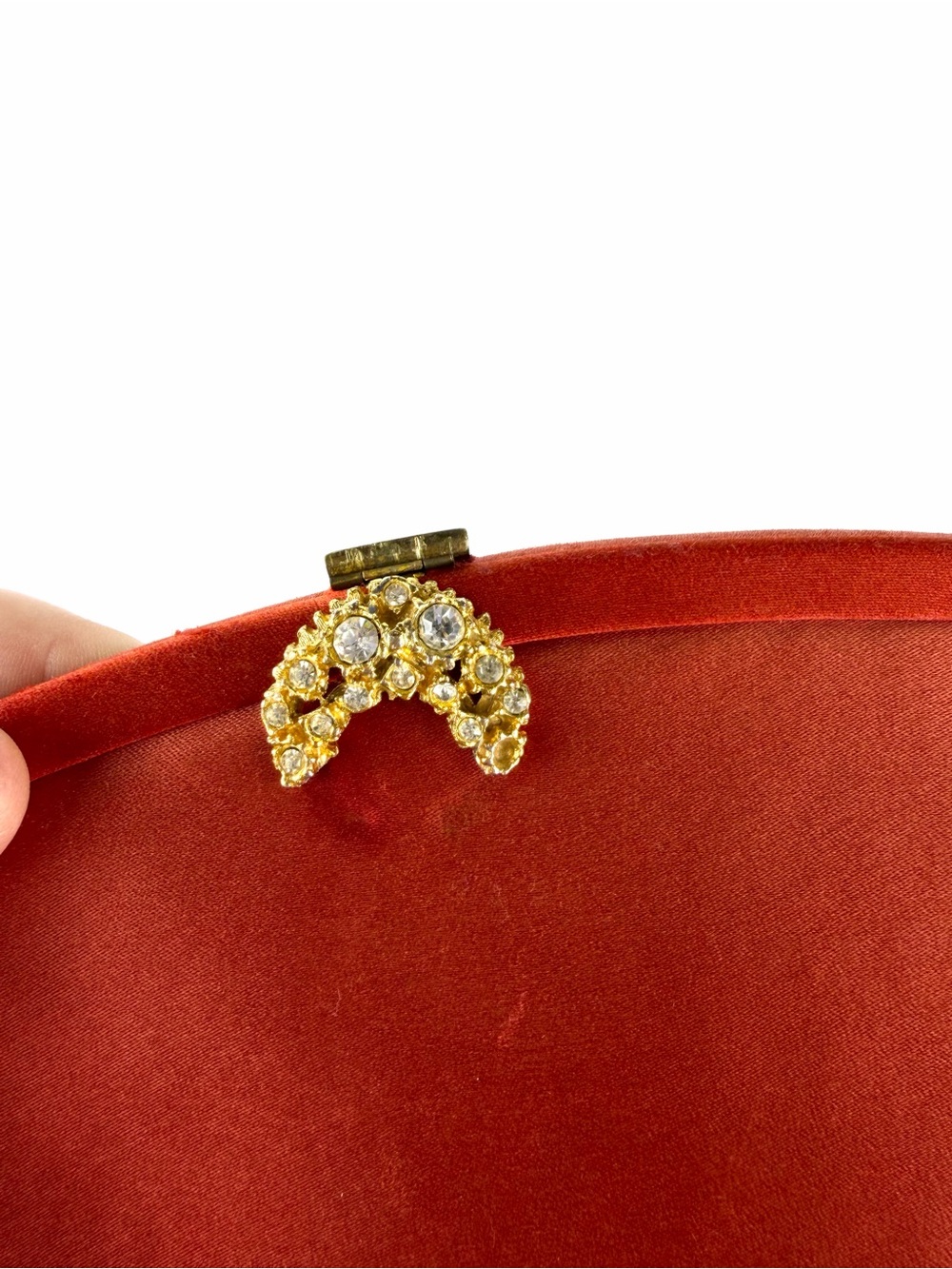 Vintage Rhinestone Clasp Evening Bag Rust Satin Clutch La France Handbag - Picture 6 of 8